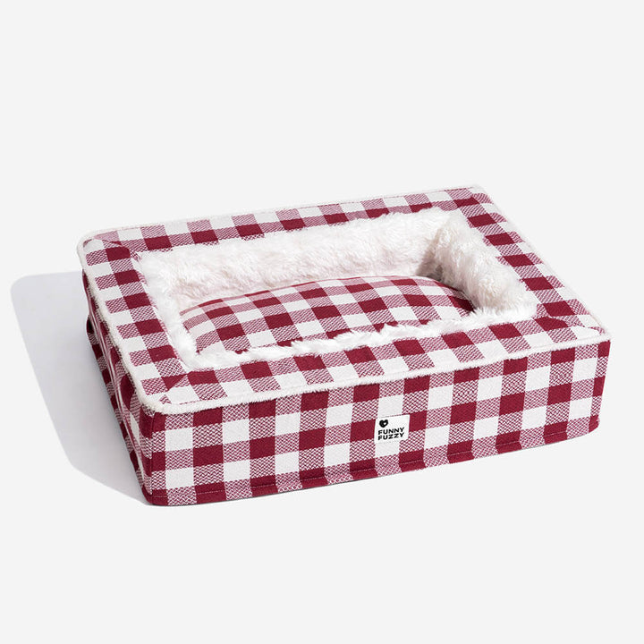 Schickes Hundebett in kariertem Design, rot, blau, schwarz, waschbar für Hygiene.