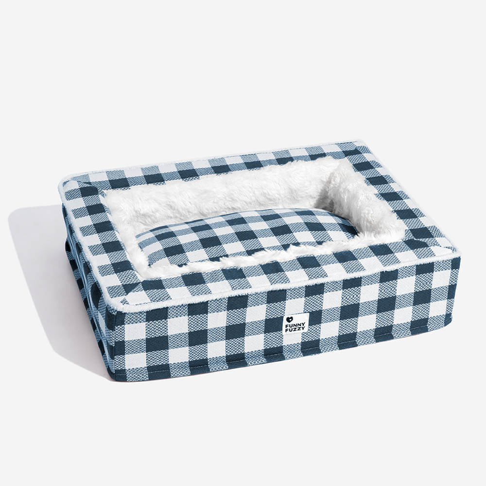 Großes, orthopädisches Hundebett im Schottenmuster, rot, blau, braun, für Hunde-Komfort.