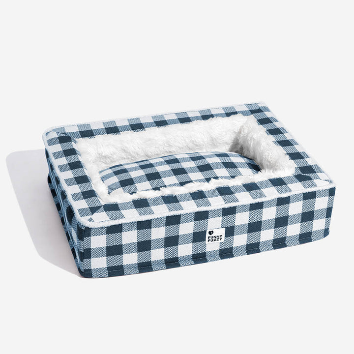 Großes, orthopädisches Hundebett im Schottenmuster, rot, blau, braun, für Hunde-Komfort.