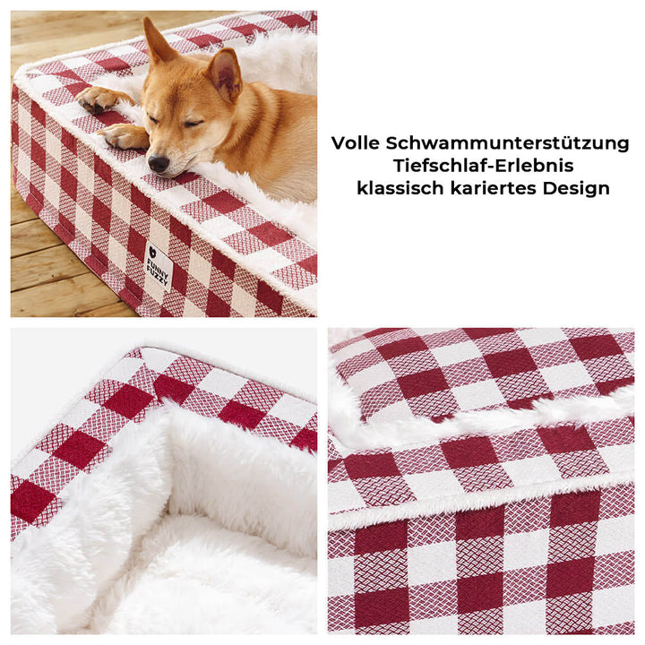 Orthopädisches Hundebett, kariert, blau/rot, ideal für mittelgroße bis große Hunde.
