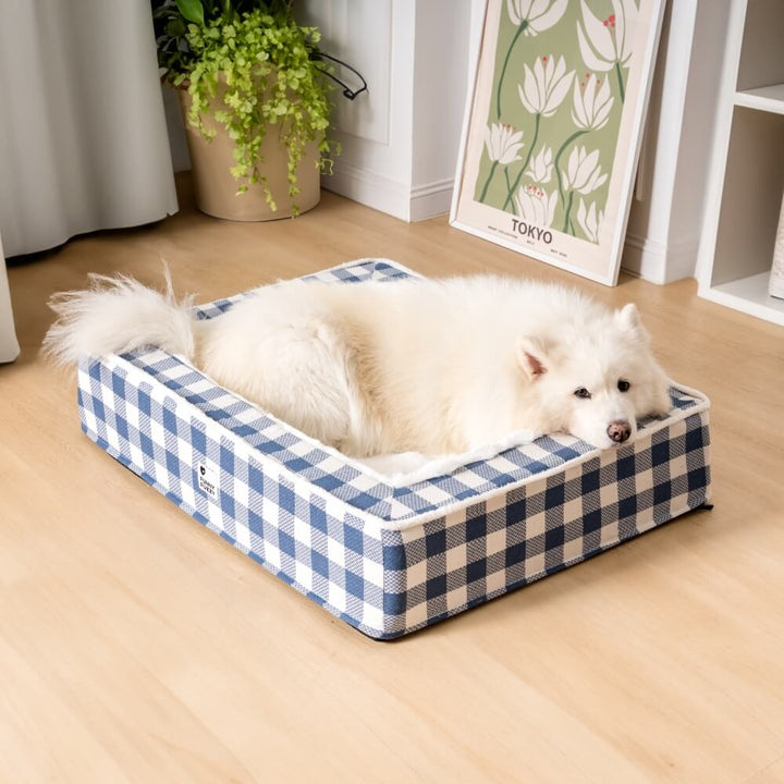 Komfortables Tierbett Schottenmuster, braun/rot/blau, für Hunde & Katzen geeignet.
