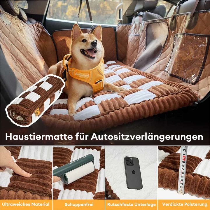 Haustierkomfort auf Reisen: Rutschfeste Hundebettmatte als Autositzverlängerung.