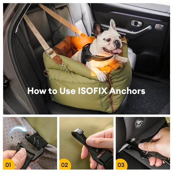 Robuster Reisesitz Hund für das Auto, mit ISOFIX-Anschluss, bietet Komfort und Schutz für den Vierbeiner.