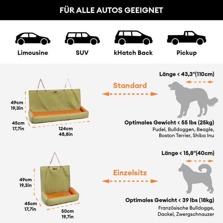 Hochwertiger Hundesitzbezug: Wasserdicht, rutschfest, schützt Ihr Auto und bietet Komfort für den Hund.