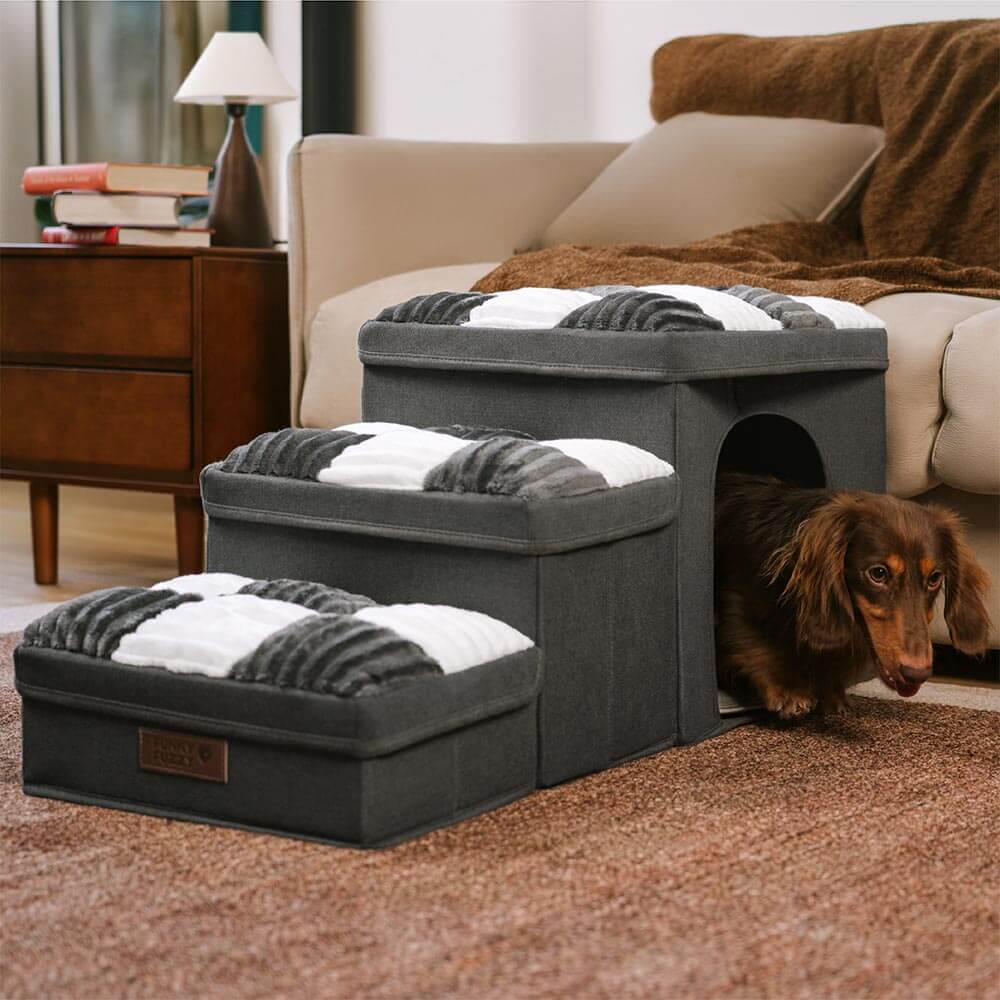 Multifunktionale Hundetreppe mit Staufächern, hilft Tieren beim Aufstieg, in elegantem Grau. Hundemöbel.