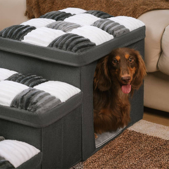 Clevere Hundetreppe mit 3 Stufen und integriertem Stauraum, erleichtert Aufstieg, hält Ordnung. Grau.
