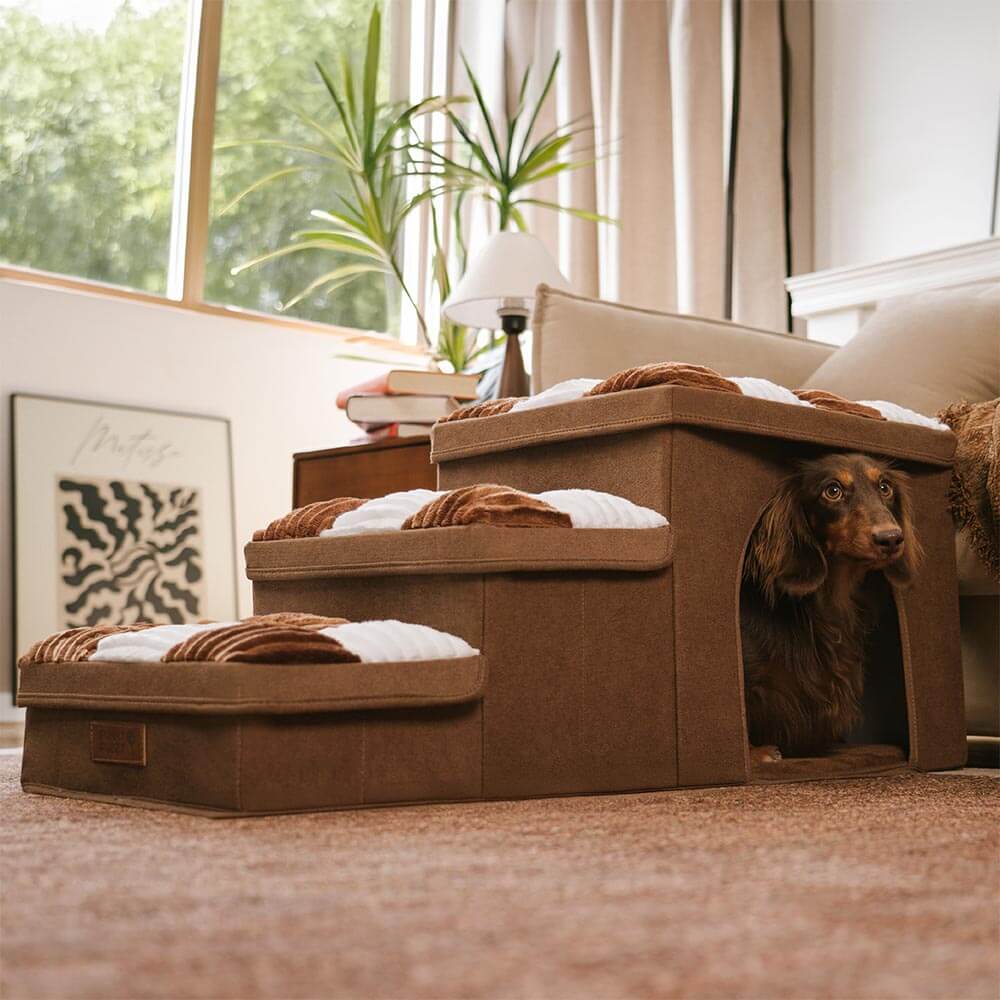 Ergonomische Hundetreppe für Gelenkschutz, mit Stauraum, in Grau. Ideal für ältere oder kranke Haustiere.