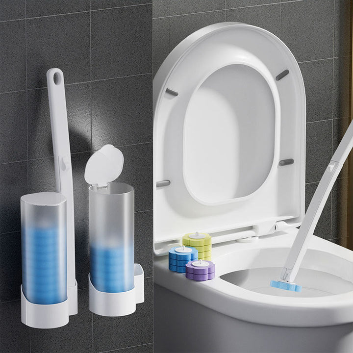 Hygienische Toilettenbürste mit Einweg-Schwammköpfen für gründliche WC-Reinigung im Badezimmer.