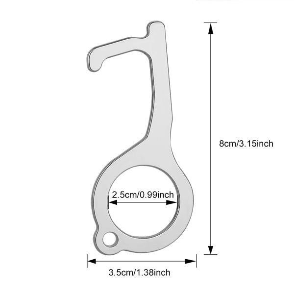 Messing-Tool drückt sicher einen Knopf am Fahrstuhl, um direkten Kontakt zu vermeiden.