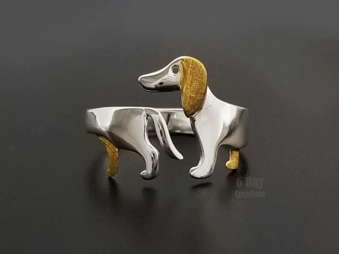 Dackel Silberring Damen verstellbar, 925 Sterlingsilber, süßer Hundeschmuck, Geschenkidee für Tierliebhaber.