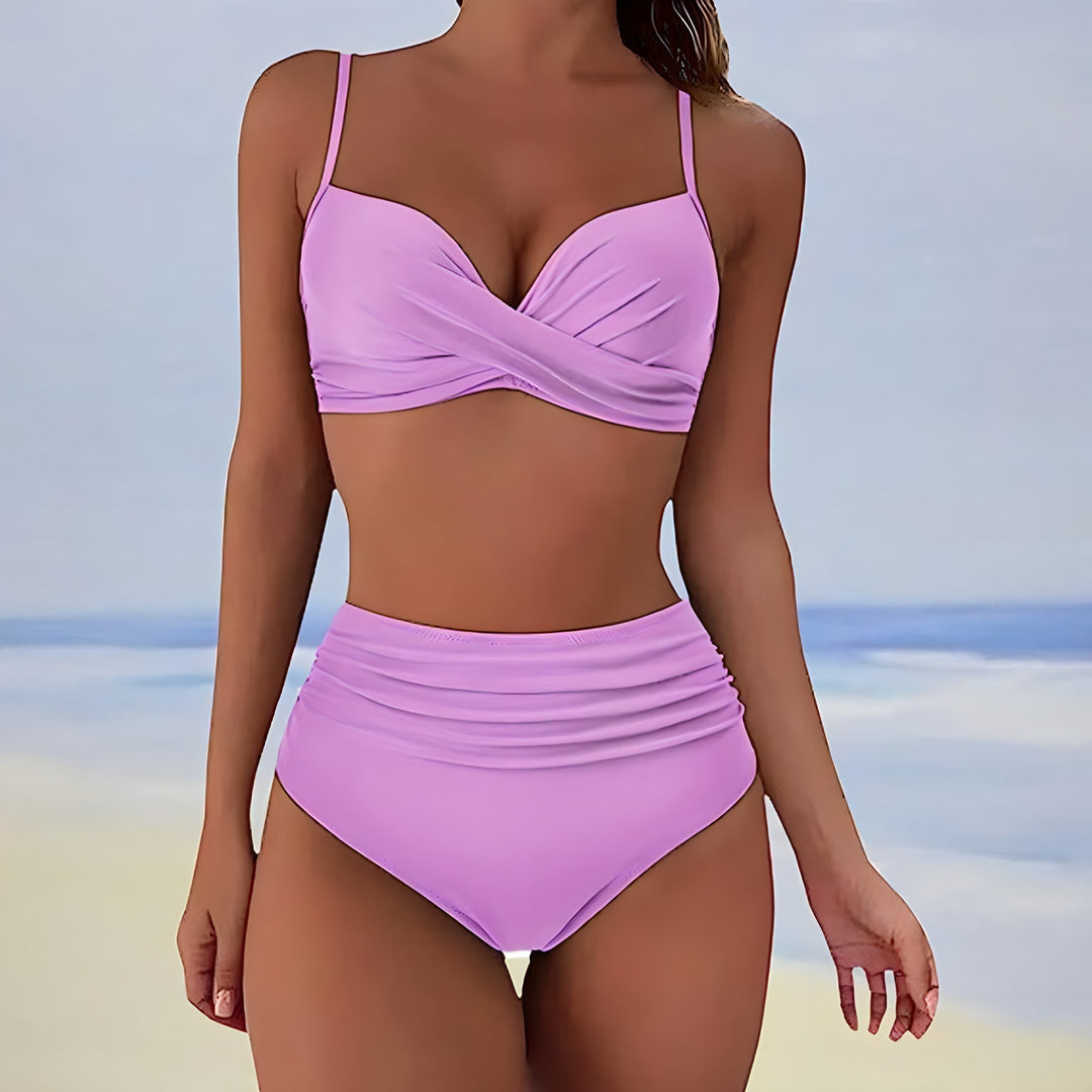 Damen High-Waist Bikini Set, schnelltrocknend & bequem. Perfekte Bademode für entspannte Tage am Strand oder Pool.