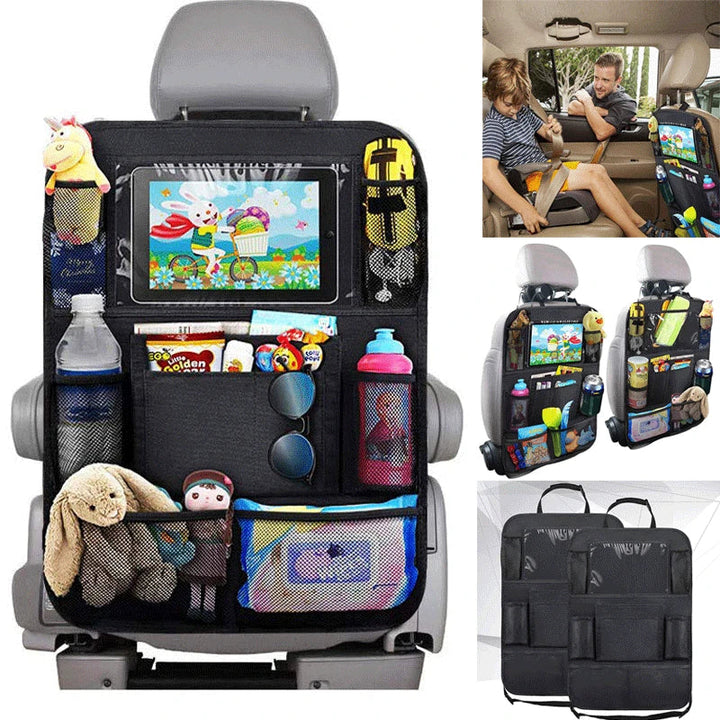 Vielseitiger Auto Sitzschutz & Organizer für Kinder. Schützt den Autositz und schafft praktischen Stauraum für unterwegs.