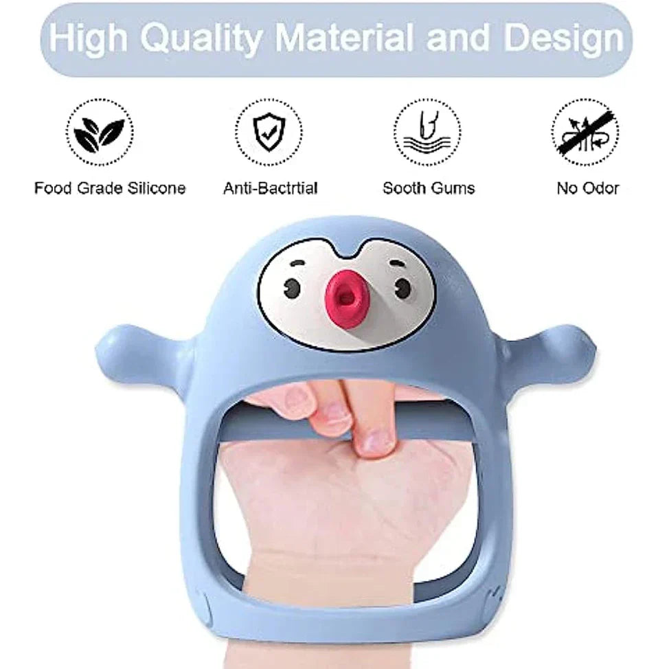 Ergonomischer Silikon-Beißring in Lila, spendet Babys Linderung bei Zahnfleischreizungen. BPA-frei.