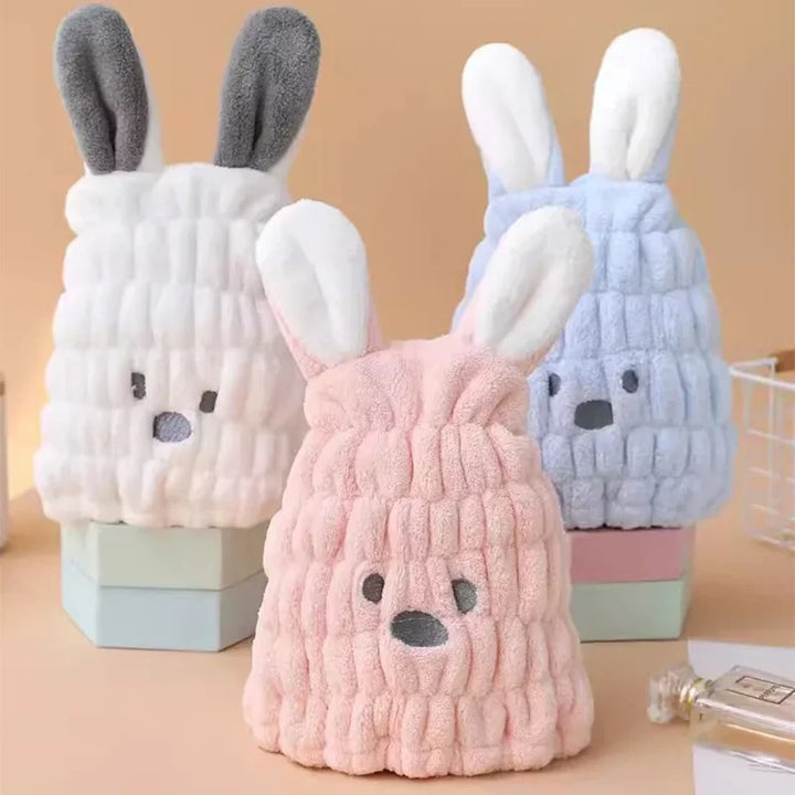 Stylische Hasenohren-Haartrockenkappe aus saugfähigem Material für Kinder & Erwachsene. Sanfte Haarpflege.
