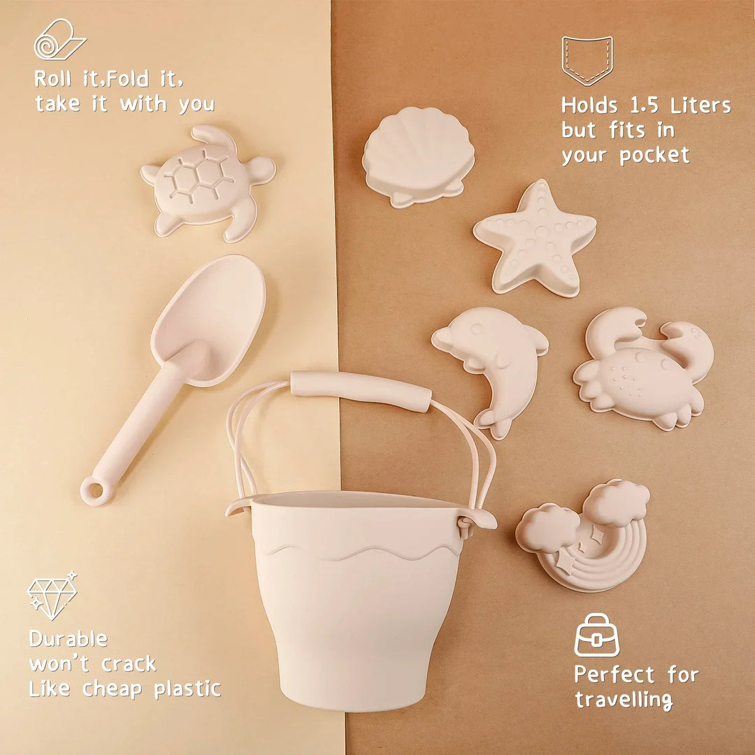 Robustes & BPA-freies faltbares Silikon Strandspielzeug Set. Sandeimer für sicheres Spielen von Kleinkindern im Sommer.