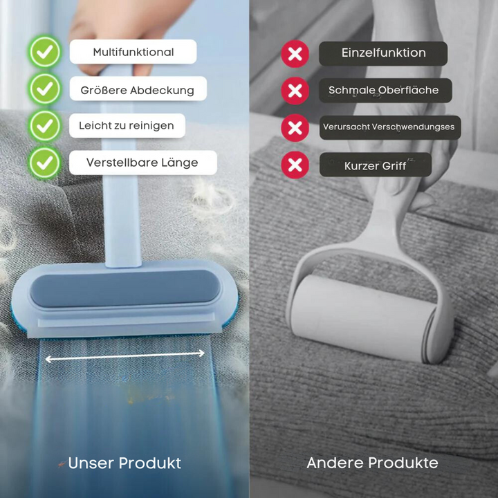 Ergonomischer Tierhaarentferner mit grauem Griff für komfortable Haustierhaar-Reinigung. Einfach & effektiv.