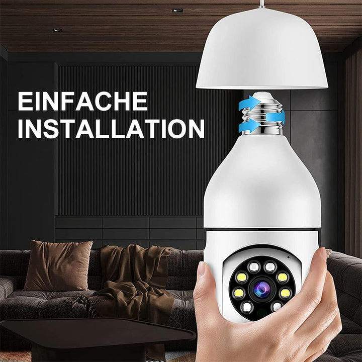 WLAN IP Kamera mit Glühbirnen-Design, Bewegungserkennung und IR-Nachtsicht für Innenräume.