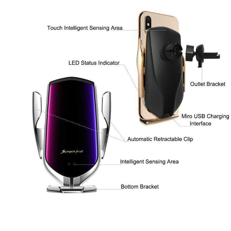 Eleganter kabelloser Auto Handyhalter in Silber mit intelligentem Sensor, Qi Ladefunktion und 10W Schnellladung.