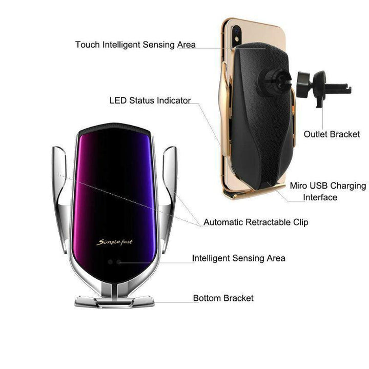 Eleganter kabelloser Auto Handyhalter in Silber mit intelligentem Sensor, Qi Ladefunktion und 10W Schnellladung.