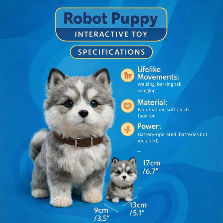 Roboterhund Welpe im Husky-Design, ein elektronisches Spielzeug, das läuft, bellt und mit Kindern interagiert.