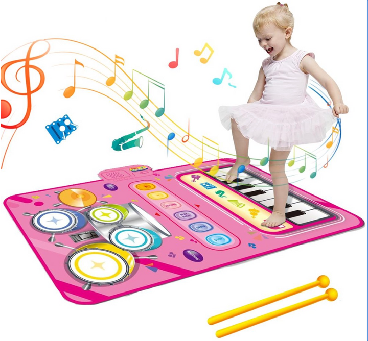 Bunte MelodyPlay Spielmatte für Kinder, kombiniert Klavier- & Schlagzeugklänge für fröhliches, aktives Musikspiel.