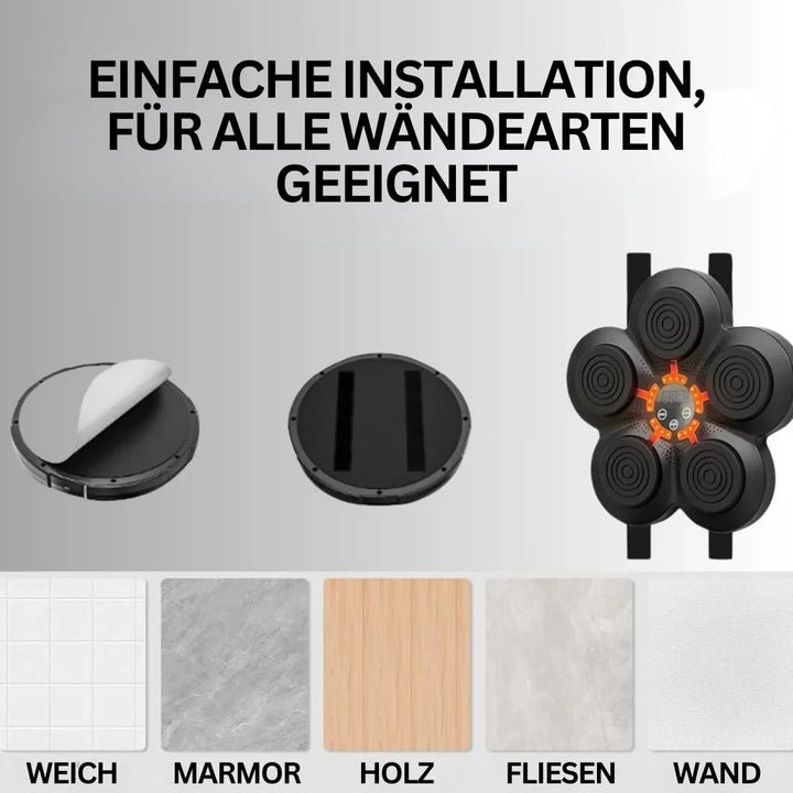 Familie trainiert gemeinsam an der interaktiven Trainingswand, Spaß und Fitness für alle zu Hause.