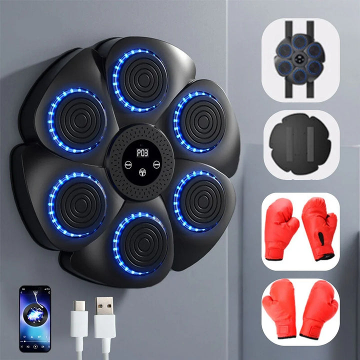 Nahaufnahme der interaktiven Trainingswand mit leuchtenden LEDs und Bluetooth-Verbindung für smartes Workout.