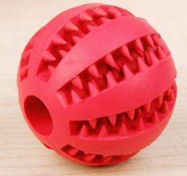 Hund beim Spielen mit interaktivem Gummiball zur Zahnpflege. Effektives Kauspielzeug für saubere Zähne.
