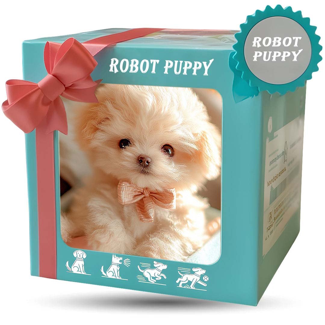 Nahaufnahme des interaktiven Hundes, braun-weißes Fell. Realistisches Robotertier, ideales Geschenk für Kinder & Senioren.