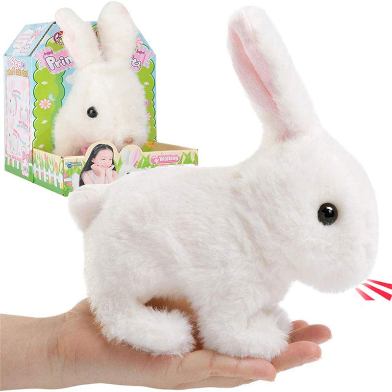 Spielender Hase: Fröhliches Kind umarmt interaktiven Kuschel-Hase, ein charmantes elektronisches Plüschtier.