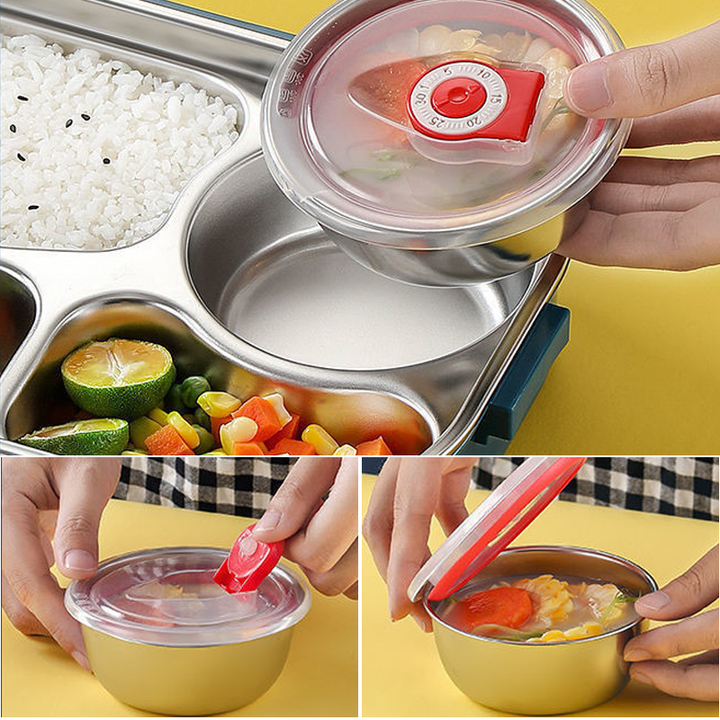 Edelstahl Lunchbox mit praktischen Fächern. Trennt Speisen, ideal für abwechslungsreiche, gesunde Mahlzeiten.