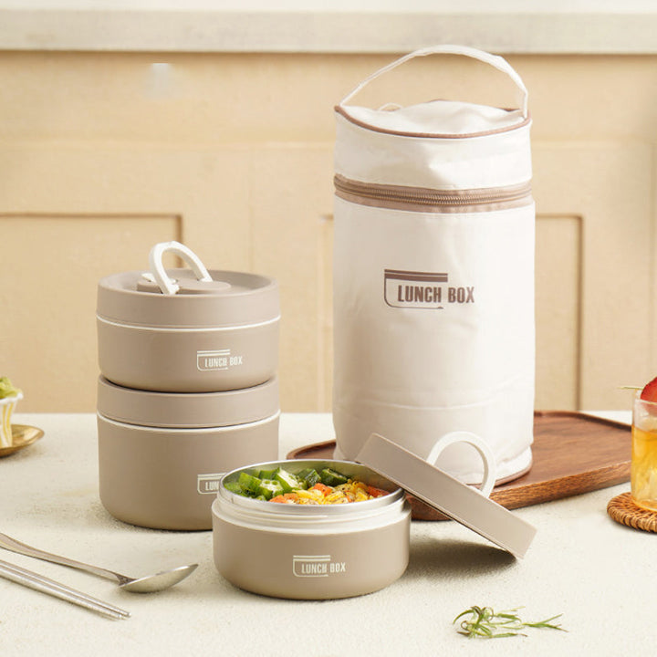 Umweltfreundliche isolierte Lunchbox aus Edelstahl. Mit Tragetasche für den Transport.