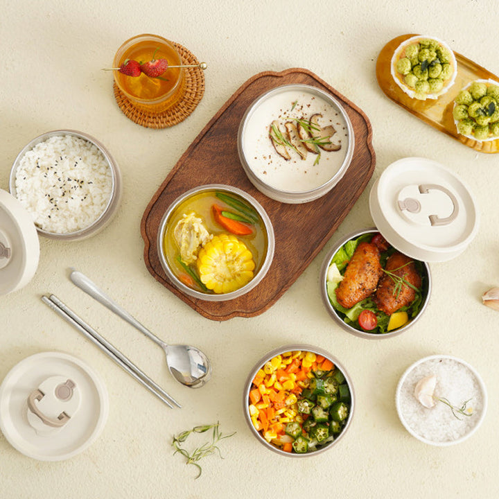 Thermobox-Set: Isolierte Lunchbox aus Edelstahl mit stylischer Tragetasche für Unterwegs.