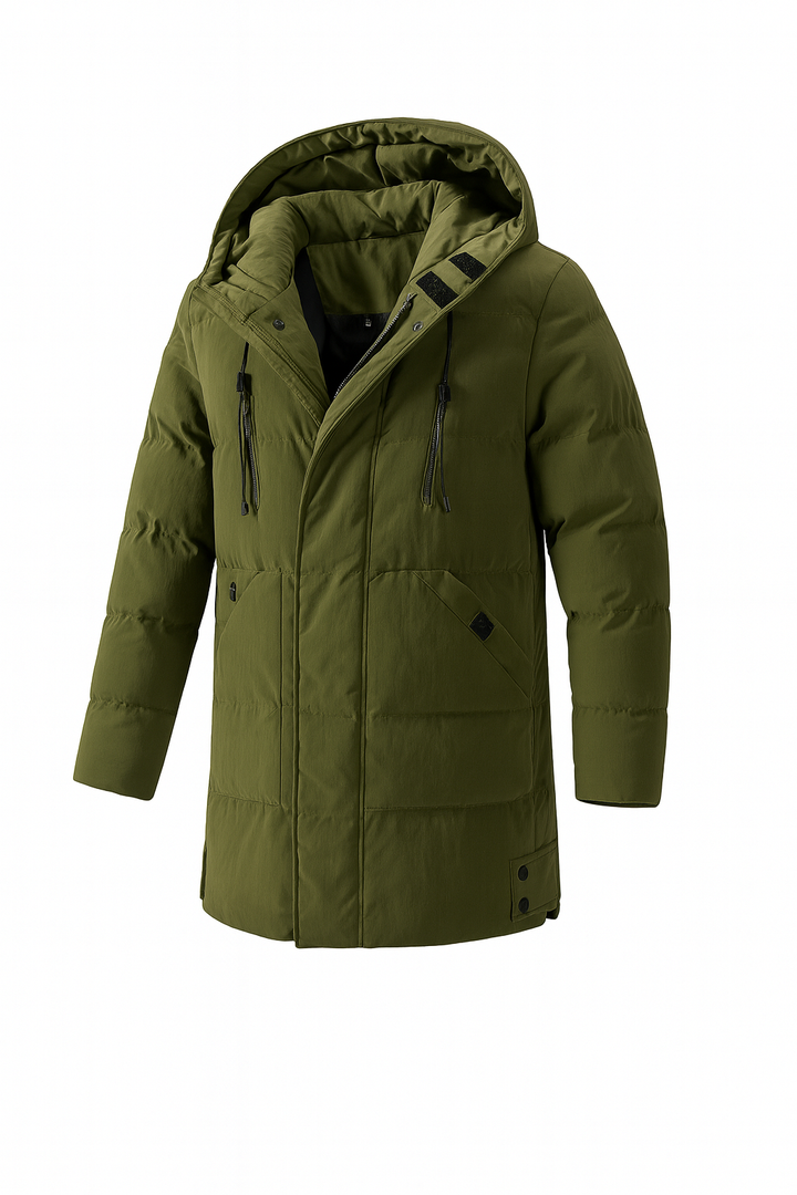 Robuster, isolierter Herren Winterparka mit Kapuze. Diese warme Jacke ist perfekt für kalte Wetterbedingungen und lange Tage.