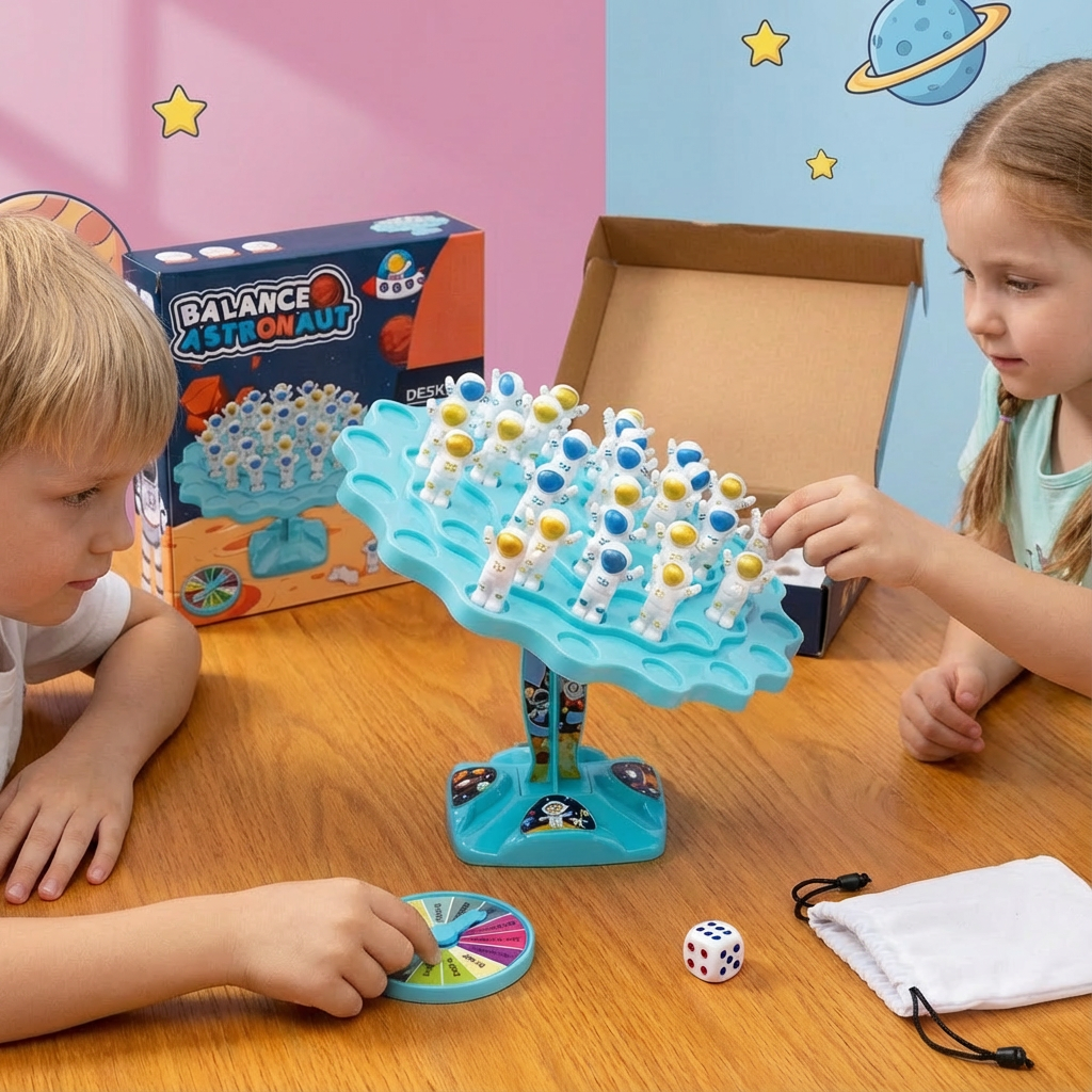 Kind spielt Geschicklichkeitsspiel 'Astronauten Balance' mit Freunden, Spaß für die ganze Familie.