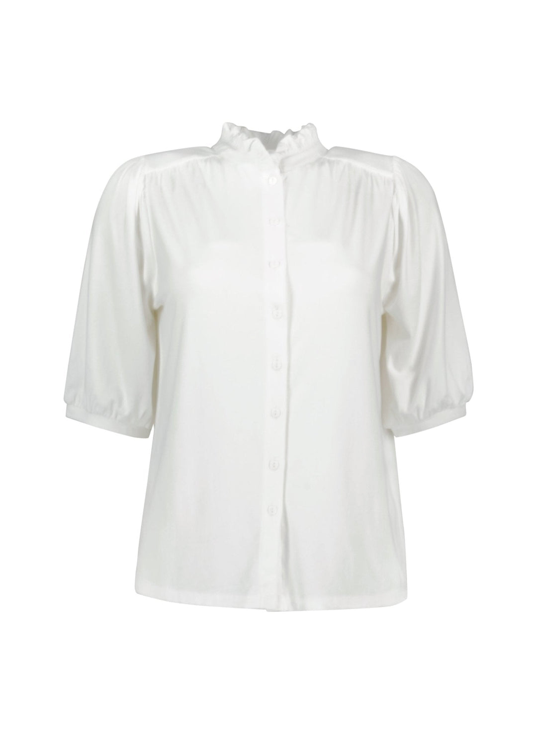 Weiße Damen Kurzarm-Bluse mit elegantem Rüschenkragen und Knopfleiste. Perfekt für Business & Freizeit.