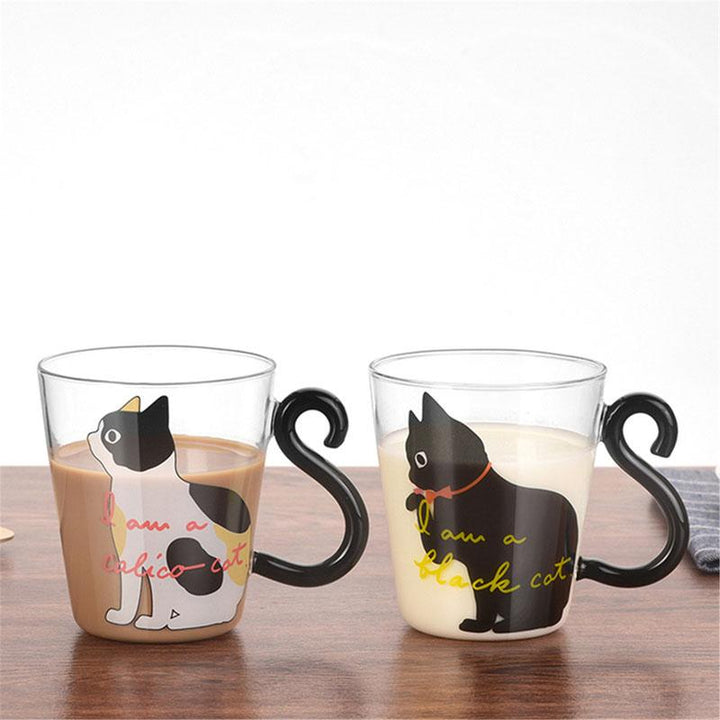 Transparente Katzentasse aus Borosilikatglas im japanischen Stil mit Katzenschwanz als Griff. Origineller Kaffeebecher.