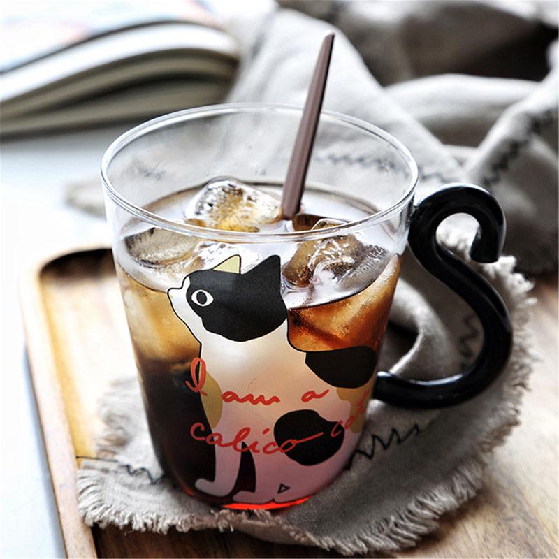 Ergonomische Katzentasse mit stilvollem Schwanzgriff für Teeliebhaber. Japanischer Kaffeebecher aus Glas für Büro & Zuhause.
