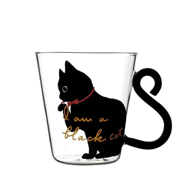 Hochwertige japanische Katzen-Frühstückstasse aus Borosilikatglas. Einzigartiger Schwanzgriff macht diese Tasse besonders.