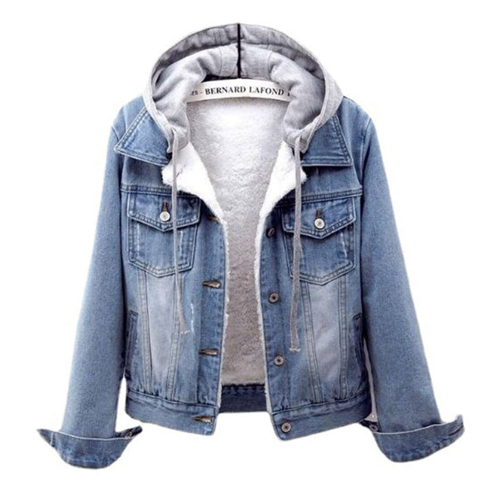 Damen Plus-Size Jeansjacke mit Kapuze, trendiger Herbst/Winter Look. Perfekt für lässige Outfits.