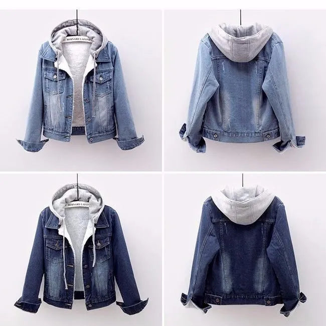 Damen Übergrößen Jeansjacke mit Kapuze. Trendiger Blauton, perfekt als Herbst- und Winterjacke.