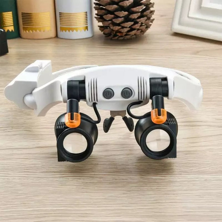Juwelier Kopfband-Lupe mit LED-Beleuchtung & austauschbaren Linsen für präzise Arbeiten an Schmuck, Uhren & Elektronik.
