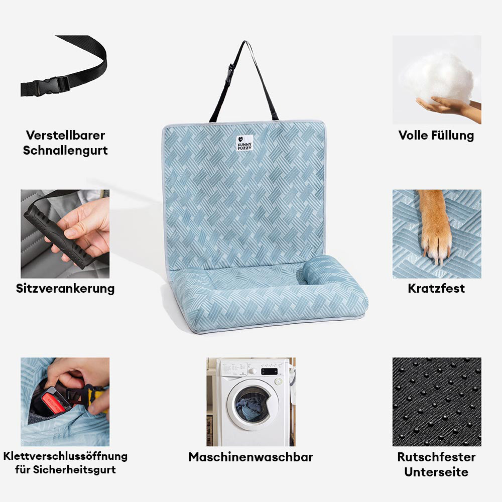 Premium Hundeautositzbett mit Kühlung, sorgt für sichere & bequeme Autofahrten.