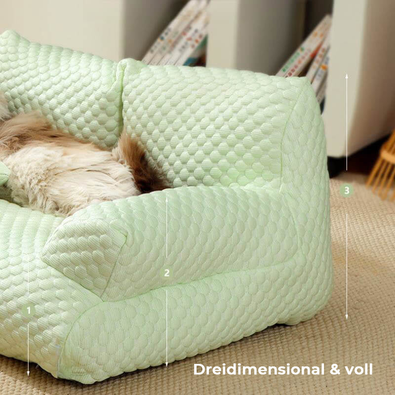 Luxuriöses Hundebett, kühlend & atmungsaktiv mit Eisseide, waschbar für Sommer-Komfort.