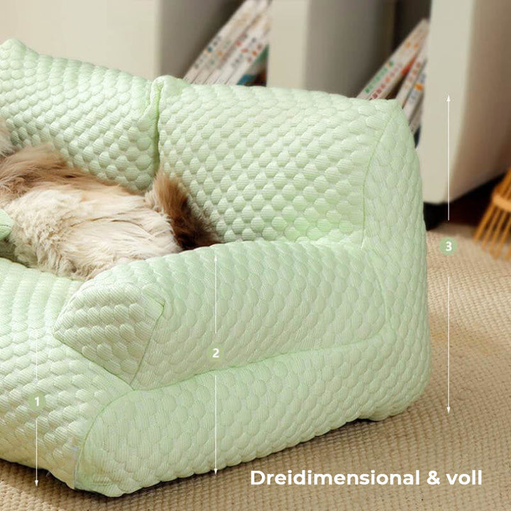 Luxuriöses Hundebett, kühlend & atmungsaktiv mit Eisseide, waschbar für Sommer-Komfort.
