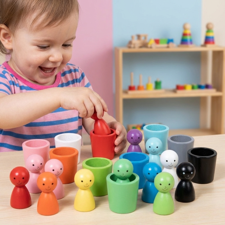 Montessori Holz-Lernspiel: bunte Sortierbecher mit Holzkugeln für Kinder. Fördert Farbenlernen & Feinmotorik.