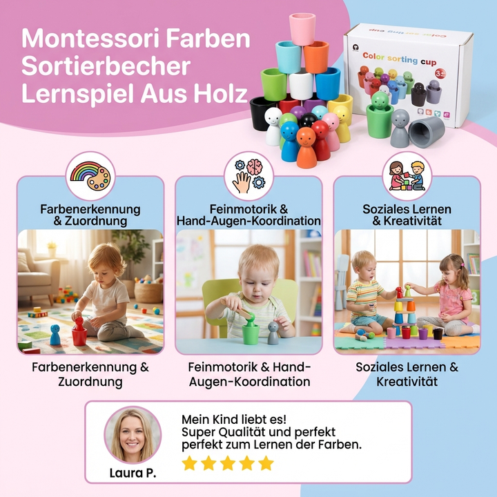 Hochwertiges Montessori Holzspielzeug: stabile bunte Sortierbecher mit Kugeln. Langlebiges Lernspiel für Kleinkinder.