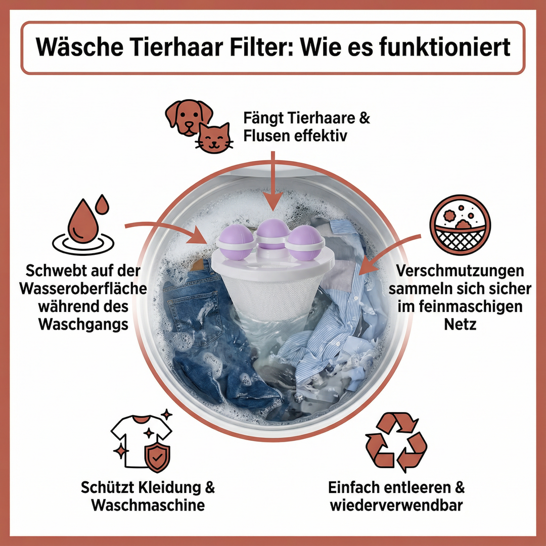 Effektiver Tierhaarentferner für Waschmaschine. Der wiederverwendbare Filter reinigt Wäsche von Hunde- & Katzenhaaren.
