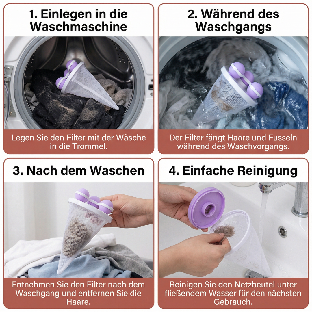 Praktischer Tierhaarfilter im Waschbecken zeigt gesammelte Tierhaare. Ideal für den Haushalt mit Hund & Katze.