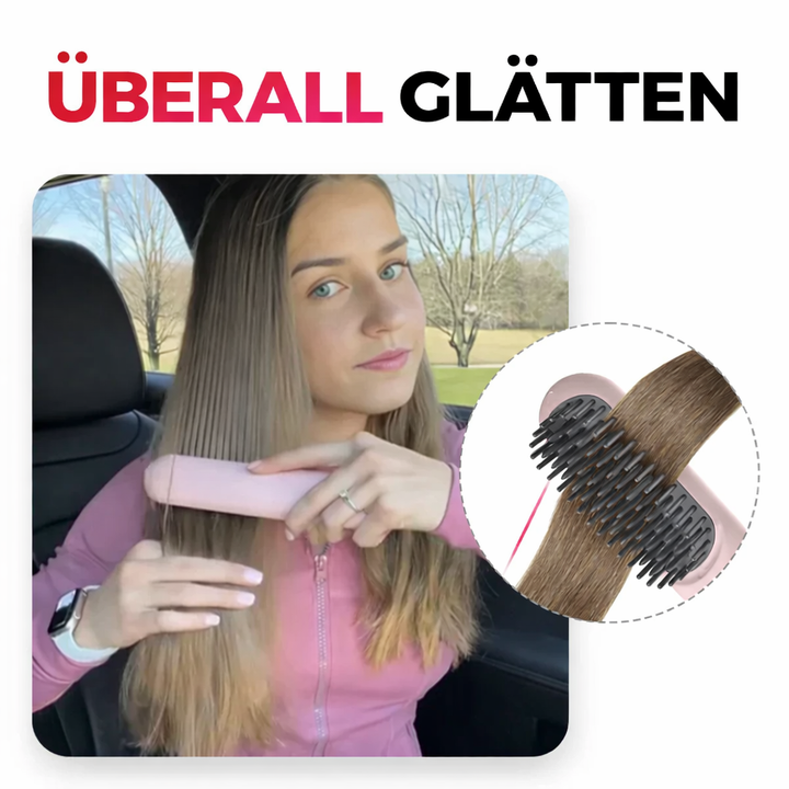 Kabellose Glättbürste für schnelles Styling glänzender Haare; ideal für unterwegs.
